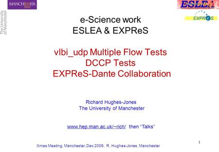 Xmas Meeting, Manchester, Dec 2006, R. Hughes-Jones Manchester 1 e-Science work ESLEA & EXPReS vlbi_udp Multiple Flow Tests DCCP Tests EXPReS-Dante Collaboration.