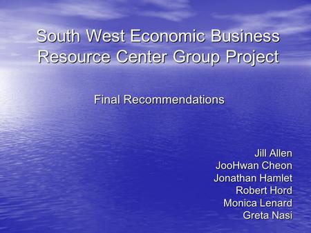 South West Economic Business Resource Center Group Project Jill Allen JooHwan Cheon Jonathan Hamlet Robert Hord Monica Lenard Greta Nasi Final Recommendations.