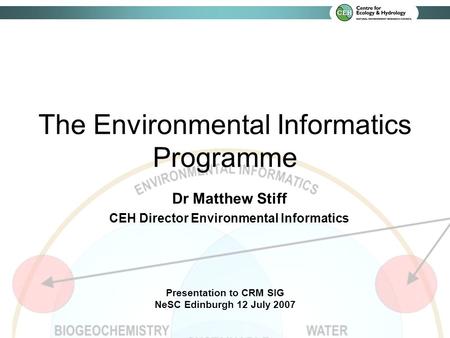 Dr Matthew Stiff CEH Director Environmental Informatics Presentation to CRM SIG NeSC Edinburgh 12 July 2007 The Environmental Informatics Programme.