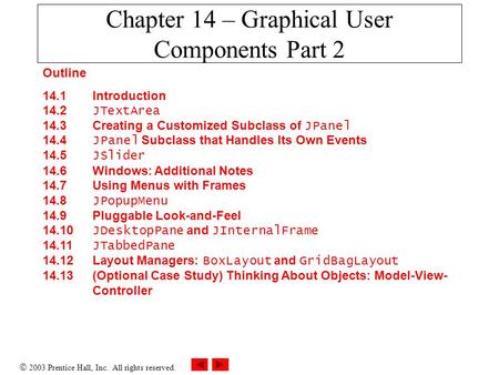  2003 Prentice Hall, Inc. All rights reserved. Chapter 14 – Graphical User Components Part 2 Outline 14.1 Introduction 14.2 JTextArea 14.3 Creating a.