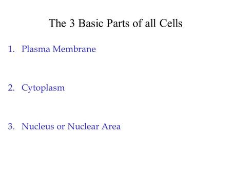 The 3 Basic Parts of all Cells 1.Plasma Membrane 2.Cytoplasm 3.Nucleus or Nuclear Area.