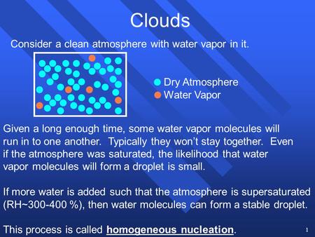 1 Clouds Consider a clean atmosphere with water vapor in it. Dry Atmosphere Water Vapor Given a long enough time, some water vapor molecules will run in.
