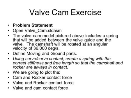 Valve Cam Exercise Problem Statement Open Valve_Cam.sldasm The valve cam model pictured above includes a spring that will be added between the valve guide.