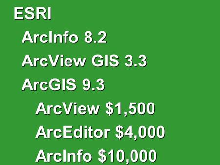 ESRI ArcInfo 8.2 ArcView GIS 3.3 ArcGIS 9.3 ArcView $1,500 ArcEditor $4,000 ArcInfo $10,000.