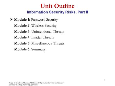Sanjay Goel, School of Business/NYS Center for Information Forensics and Assurance University at Albany Proprietary Information 1 Unit Outline Information.