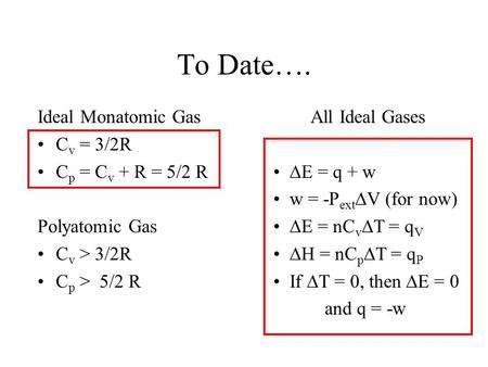 To Date…. Ideal Monatomic Gas Cv = 3/2R Cp = Cv + R = 5/2 R