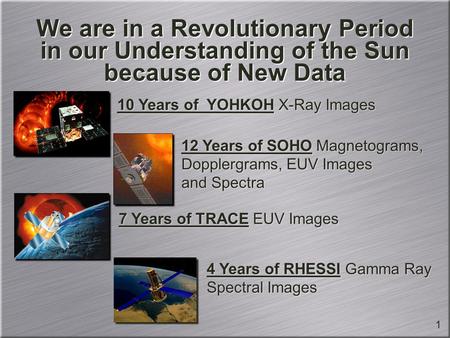 We are in a Revolutionary Period in our Understanding of the Sun because of New Data 10 Years of YOHKOH X-Ray Images 12 Years of SOHO Magnetograms, Dopplergrams,