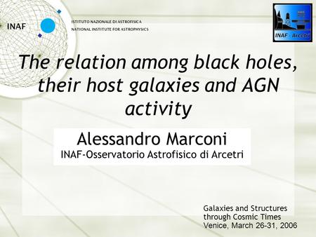 The relation among black holes, their host galaxies and AGN activity INAF ISTITUTO NAZIONALE DI ASTROFISICA NATIONAL INSTITUTE FOR ASTROPHYSICS Galaxies.