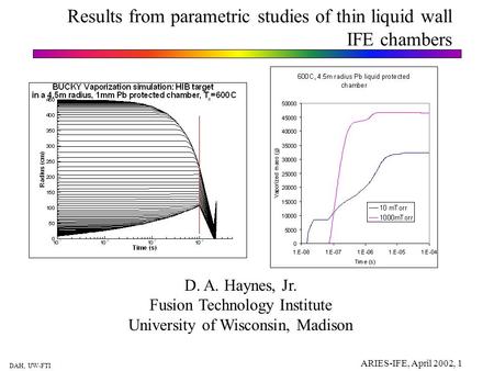 DAH, UW-FTI ARIES-IFE, April 2002, 1 Results from parametric studies of thin liquid wall IFE chambers D. A. Haynes, Jr. Fusion Technology Institute University.