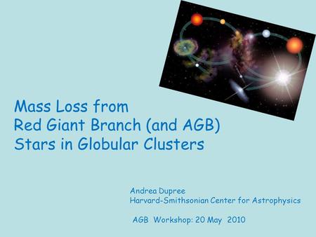 Mass Loss from Red Giant Branch (and AGB) Stars in Globular Clusters Andrea Dupree Harvard-Smithsonian Center for Astrophysics AGB Workshop: 20 May 2010.