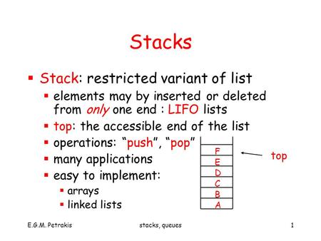 E.G.M. Petrakisstacks, queues1 Stacks  Stack: restricted variant of list  elements may by inserted or deleted from only one end : LIFO lists  top: the.