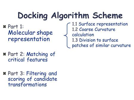 Docking Algorithm Scheme Part 1: Molecular shape representation Part 2: Matching of critical features Part 3: Filtering and scoring of candidate transformations.