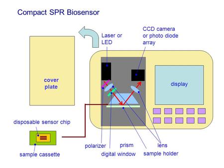 Sample cassette Laser or LED CCD camera or photo diode array display digital window sample holder prism polarizer lens disposable sensor chip cover plate.