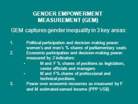 GENDER EMPOWERMENT MEASUREMENT (GEM) GEM captures gender inequality in 3 key areas: 1.Political participation and decision making power: women’s and men’s.