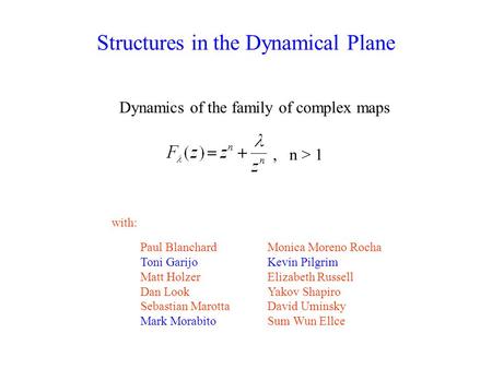Structures in the Dynamical Plane Dynamics of the family of complex maps Paul Blanchard Toni Garijo Matt Holzer Dan Look Sebastian Marotta Mark Morabito.