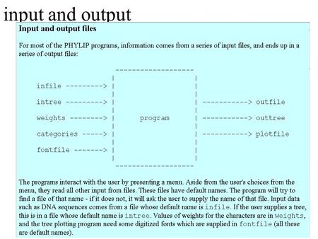 Input and output. What’s in PHYLIP Programs in PHYLIP allow to do parsimony, distance matrix, and likelihood methods, including bootstrapping and consensus.