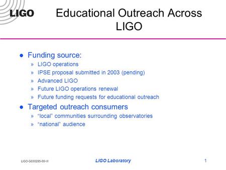 LIGO-G030285-00-W LIGO Laboratory1 Educational Outreach Across LIGO Funding source: »LIGO operations »IPSE proposal submitted in 2003 (pending) »Advanced.