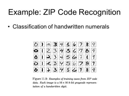 Example: ZIP Code Recognition Classification of handwritten numerals.
