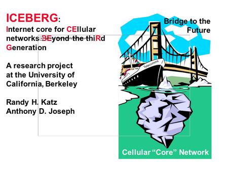 ICEBERG : Internet core for CEllular networks BEyond the thiRd Generation A research project at the University of California, Berkeley Randy H. Katz Anthony.