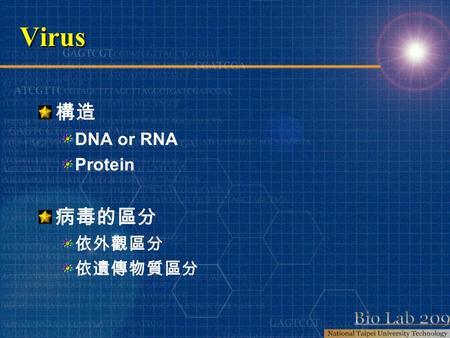 Virus 構造 DNA or RNA Protein 病毒的區分 依外觀區分 依遺傳物質區分.