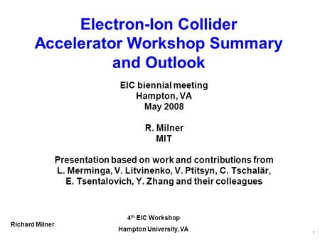 4 th EIC Workshop Hampton University, VA Richard Milner 1 Electron-Ion Collider Accelerator Workshop Summary and Outlook EIC biennial meeting Hampton,