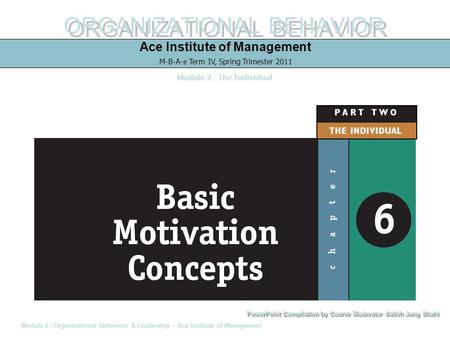 ORGANIZATIONAL BEHAVIOR Ace Institute of Management M-B-A-e Term IV, Spring Trimester 2011 Module 2: The Individual Module 2 : Organizational Behaviour.