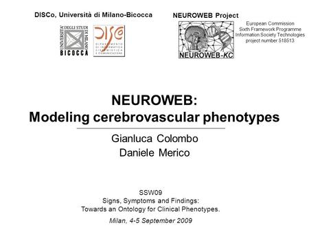 NEUROWEB: Modeling cerebrovascular phenotypes Gianluca Colombo Daniele Merico DISCo, Università di Milano-Bicocca SSW09 Signs, Symptoms and Findings: Towards.
