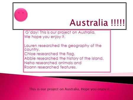 G’day! This is our project on Australia. We hope you enjoy it. Lauren researched the geography of the country. Chloe researched the flag. Abbie researched.
