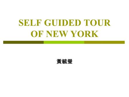 SELF GUIDED TOUR OF NEW YORK 黃毓瑩. Agenda A 、 FLIGHT INFORMATION B 、 VEHICLE RENTAL C 、 ACCOMMODATION D 、 INFORMATION ABOUT POINTS OF INTERESTS E 、 CONTENTS.