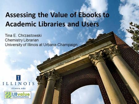 Assessing the Value of Ebooks to Academic Libraries and Users Tina E. Chrzastowski Chemistry Librarian University of Illinois at Urbana-Champaign.
