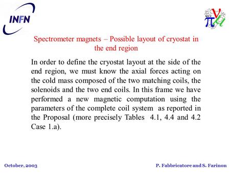 October, 2003 P. Fabbricatore and S. Farinon Spectrometer magnets – Possible layout of cryostat in the end region In order to define the cryostat layout.