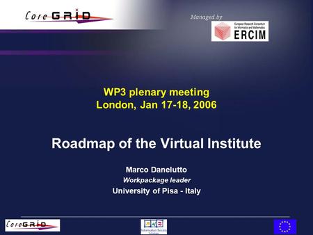 WP3 plenary meeting London, Jan 17-18, 2006 Roadmap of the Virtual Institute Marco Danelutto Workpackage leader University of Pisa - Italy.
