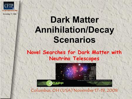 Sergio Palomares-Ruiz November 17, 2008 Dark Matter Annihilation/Decay Scenarios Novel Searches for Dark Matter with Neutrino Telescopes Columbus, OH (USA)
