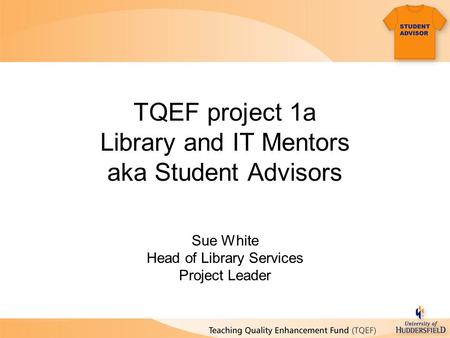 TQEF project 1a Library and IT Mentors aka Student Advisors Sue White Head of Library Services Project Leader.