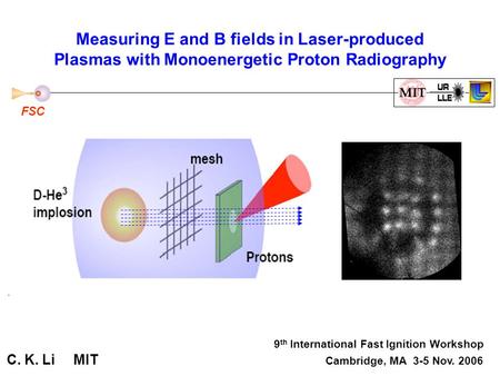 Measuring E and B fields in Laser-produced Plasmas with Monoenergetic Proton Radiography 9 th International Fast Ignition Workshop C. K. Li MIT Cambridge,