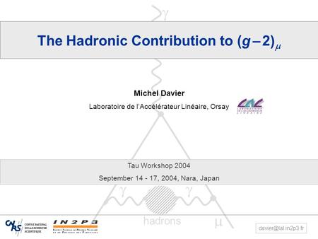 1 Tau Workshop, Nara, Sept 14-17, 2004M. Davier – Hadronic Contribution to (g – 2)     hadrons The Hadronic Contribution to (g – 2)  Michel Davier.