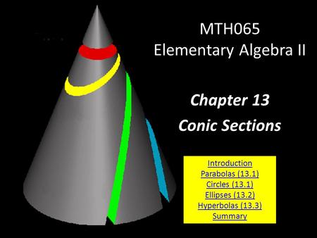 MTH065 Elementary Algebra II Chapter 13 Conic Sections Introduction Parabolas (13.1) Circles (13.1) Ellipses (13.2) Hyperbolas (13.3) Summary.