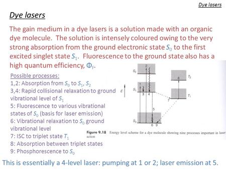 Dye lasers The gain medium in a dye lasers is a solution made with an organic dye molecule. The solution is intensely coloured owing to the very strong.