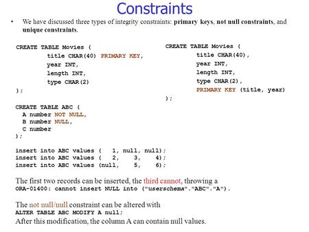Constraints We have discussed three types of integrity constraints: primary keys, not null constraints, and unique constraints. CREATE TABLE Movies ( title.