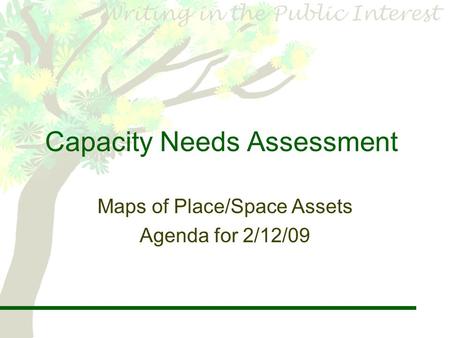 Capacity Needs Assessment Maps of Place/Space Assets Agenda for 2/12/09.
