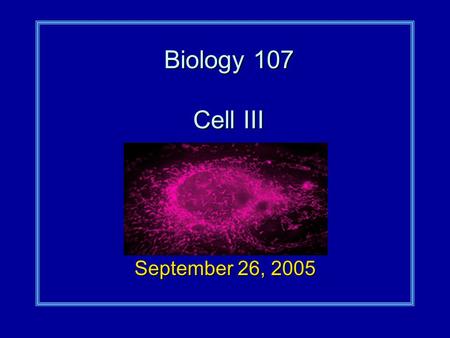 Biology 107 Cell III September 26, 2005. Cell III Student Objectives:As a result of this lecture and the assigned reading, you should understand the following: