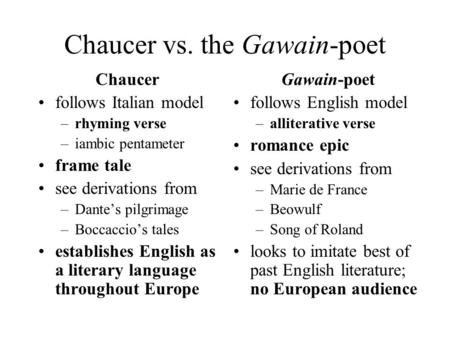 Chaucer vs. the Gawain-poet Chaucer follows Italian model –rhyming verse –iambic pentameter frame tale see derivations from –Dante’s pilgrimage –Boccaccio’s.