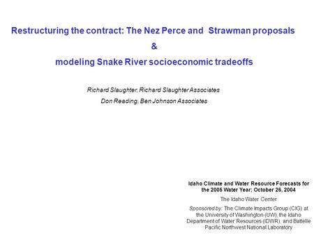 Restructuring the contract: The Nez Perce and Strawman proposals & modeling Snake River socioeconomic tradeoffs Richard Slaughter, Richard Slaughter Associates.