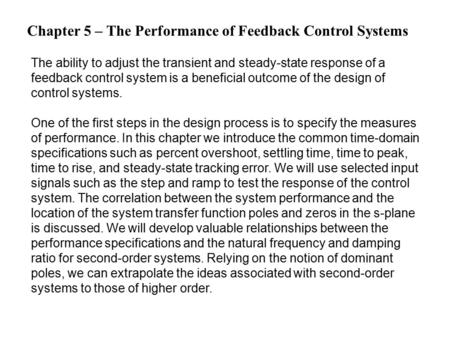 Chapter 5 – The Performance of Feedback Control Systems