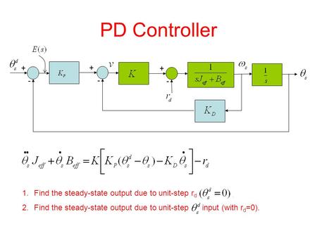PD Controller 1.Find the steady-state output due to unit-step r d. 2.Find the steady-state output due to unit-step input (with r d =0). + - + - + -