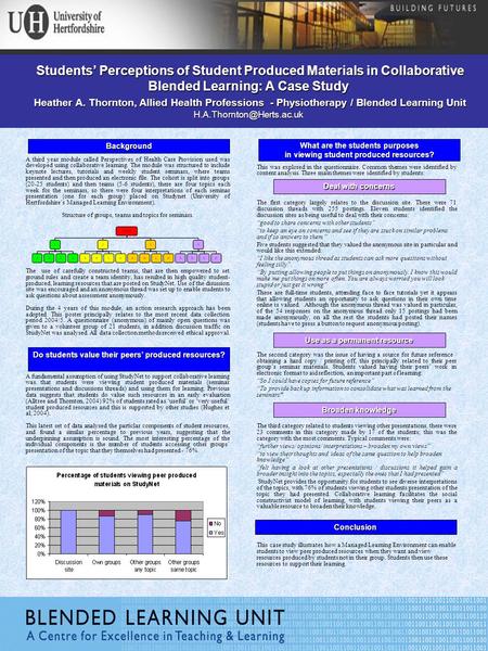 Students’ Perceptions of Student Produced Materials in Collaborative Blended Learning: A Case Study Heather A. Thornton, Allied Health Professions - Physiotherapy.