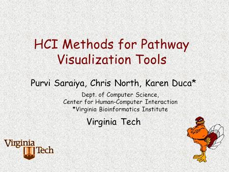 HCI Methods for Pathway Visualization Tools Purvi Saraiya, Chris North, Karen Duca* Virginia Tech Dept. of Computer Science, Center for Human-Computer.