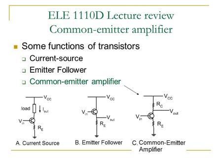 ELE 1110D Lecture review Common-emitter amplifier Some functions of transistors  Current-source  Emitter Follower  Common-emitter amplifier.