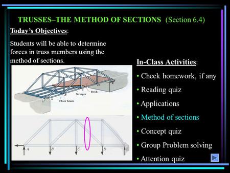 TRUSSES–THE METHOD OF SECTIONS (Section 6.4)