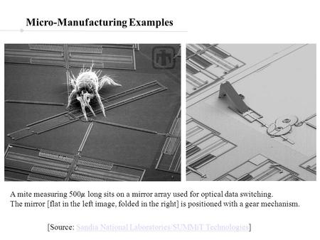 Micro-Manufacturing Examples A mite measuring 500  long sits on a mirror array used for optical data switching. The mirror [flat in the left image, folded.